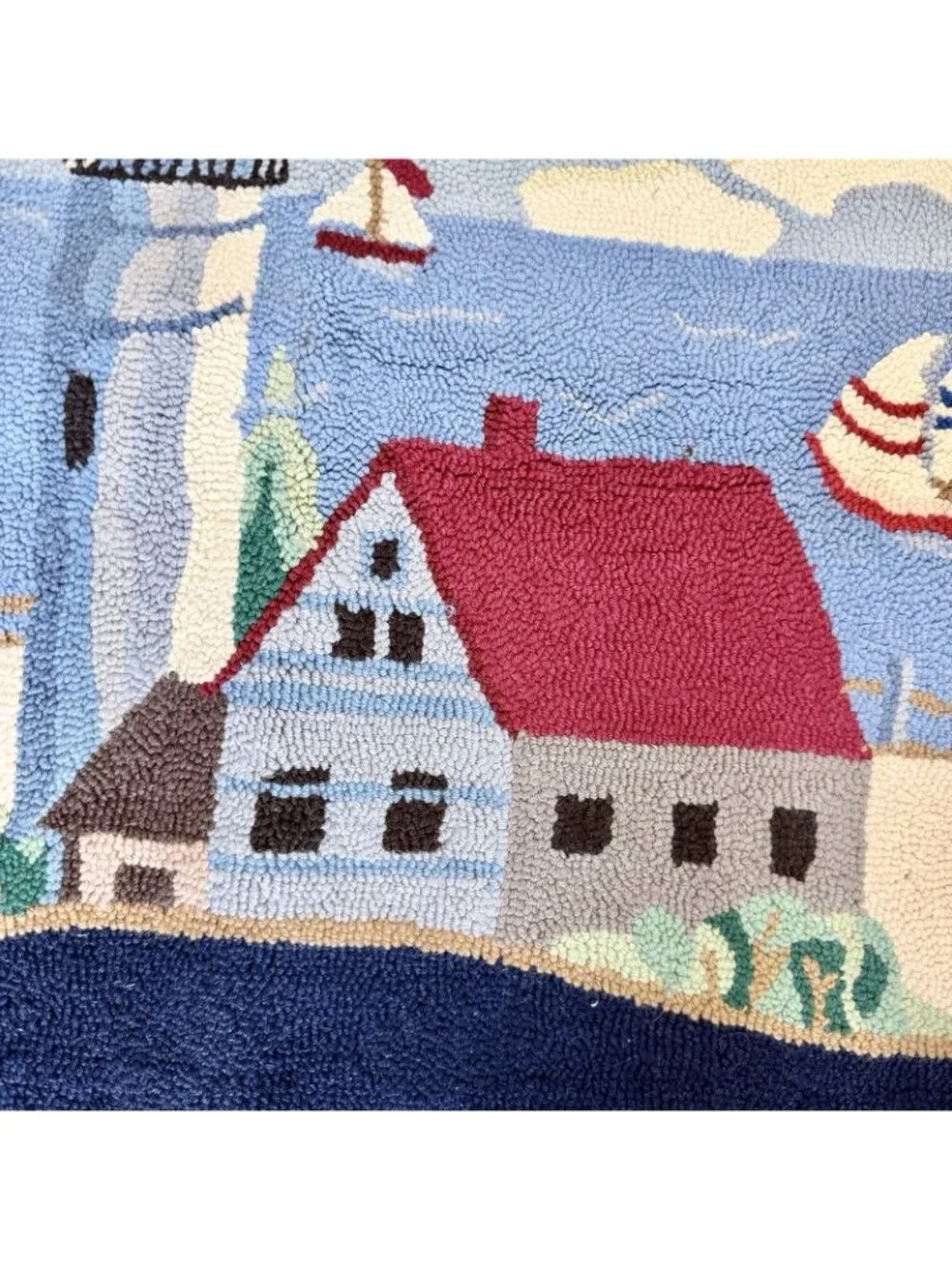 Vintage 100% Wool Hooked Lighthouse Area Rug 24x36 Nautical Coastal Sailboats